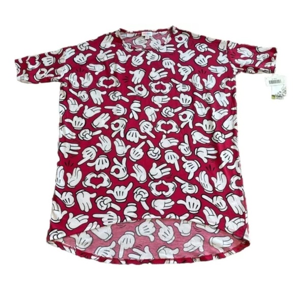 Disney x LuLaRoe Irma Tunic Top Red Shirt Mickey Mouse Hands Print Sz Small - Picture 1 of 5